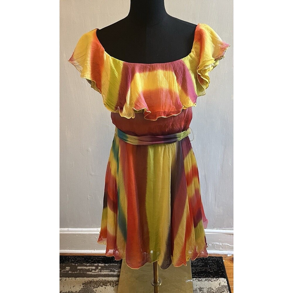 Alice & Olivia Multi Color Silk Ruffle Lined Fit & Flare Dress➕Garment Bag (XS)